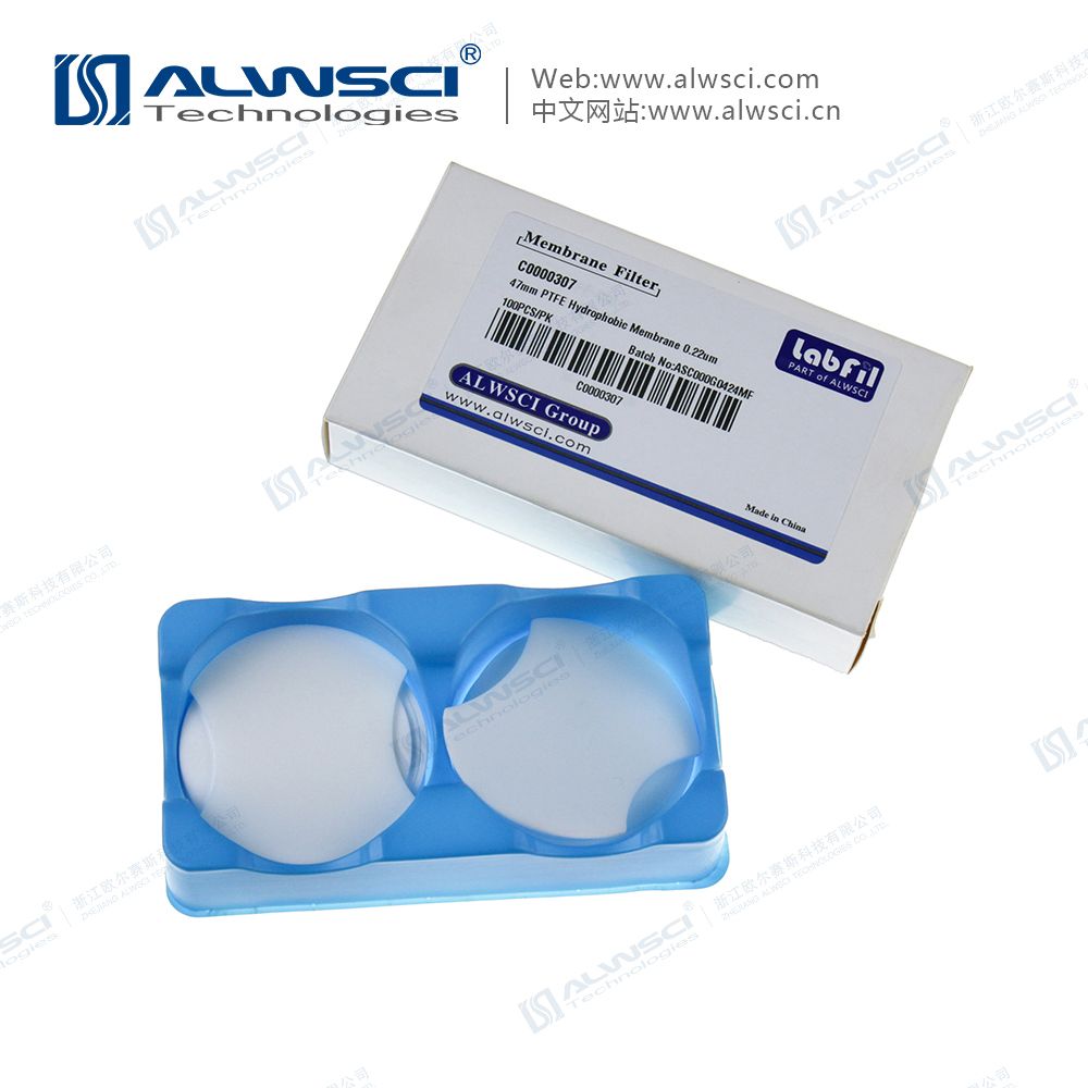 47mm PTFE Hydrophobic Membrane 0.22um. 100pcs/pk.